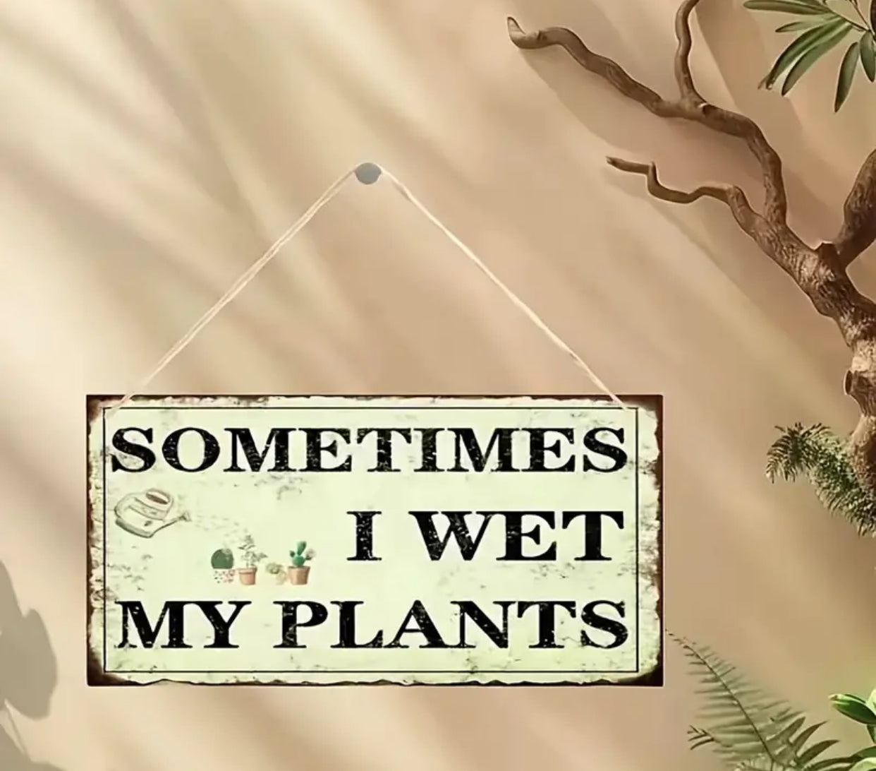 Contemporary Wooden Hanging Sign "Sometimes I Wet My Plants" | Plant Humor Decor – Ideal Gift for Plant Lovers, Home & Garden, Featherless
