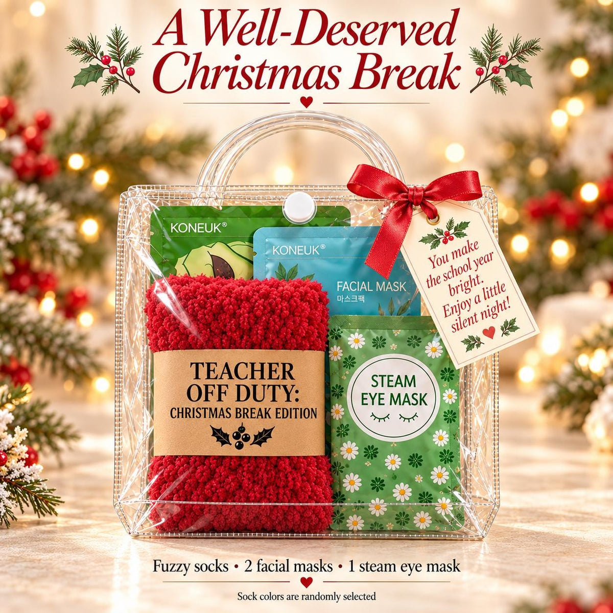 Teacher Holiday Gift Set, Fuzzy Socks and Face Masks, Thanksgiving or Christmas Break Self Care Gift, Teacher Appreciation