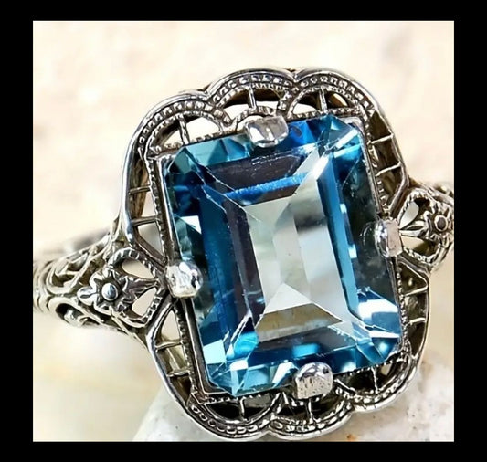 Eco-Friendly Light Blue Zircon Faux Silver Ring – Princess Cut Elegance for Weddings & Fashion