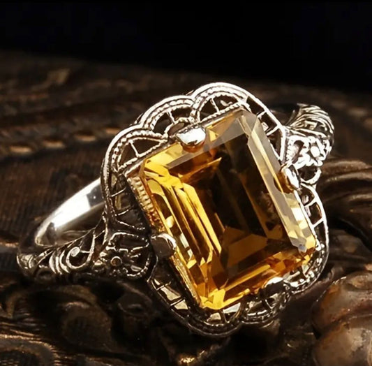 Eco-Friendly Yellow Zircon Princess Cut Faux Silver Ring – Stunning & Sustainable