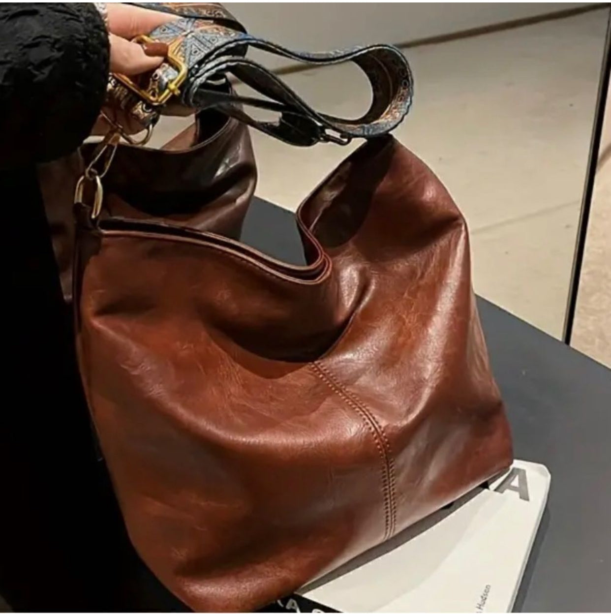 NEW Cross body peacock Strap Hobo Shoulder Bag dark faux leather purse bag work