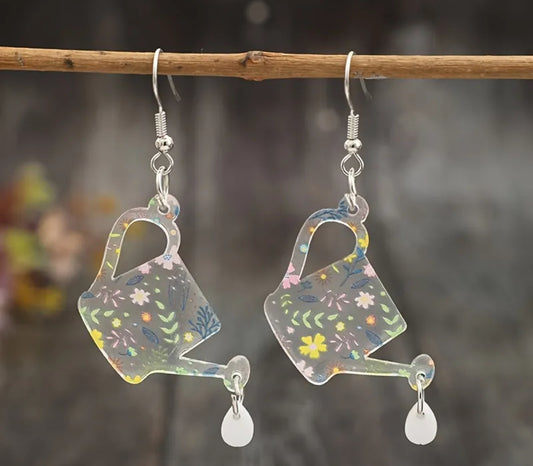 Floral Watering Can Dangle Earrings – Vintage-Style Acrylic Garden Charm