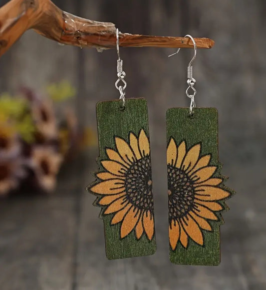 Green Rectangle Sunflower Dangle Earrings | Retro Bohemian Style Wooden Jewelry