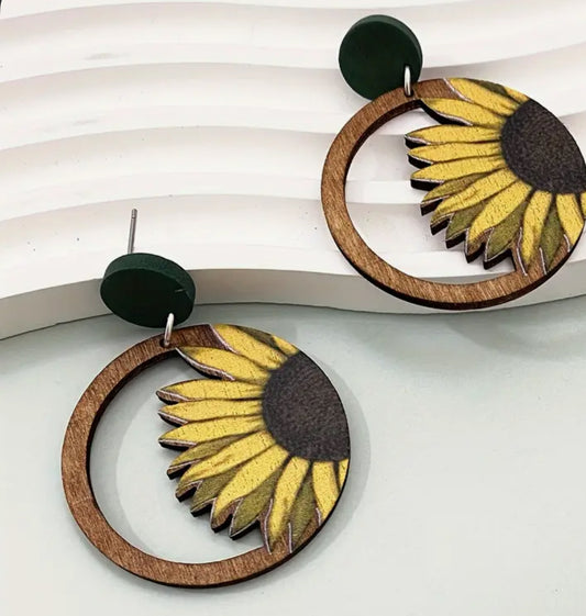 Rustic Wooden Sunflower Hoop Earrings for Women | Simple, Versatile Design with Stainless Steel Posts – Perfect for Plant Enthusiasts, Everyday and Festive Wear, Quirky Jewelry