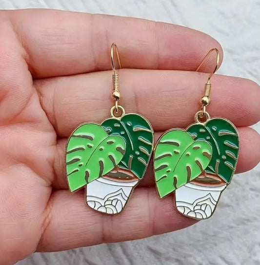 Plant Earrings, Monstera Plant, Greenhouse, Botany, gold plant jewelry, plant liver, plant earrings