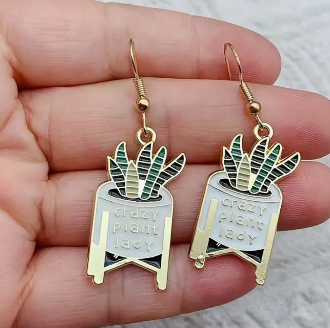Crazy Plant Lady Cartoon Green Leaf Pot Earrings | Cute Plant Enthusiast Cultural Earrings – Perfect Green Plant Jewelry Gifts