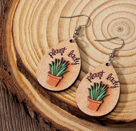 Droplet Shape Plant Print Dangle Earrings for Plant Enthusiasts | Simple Leisure Style, Trendy Wooden Jewelry for Women