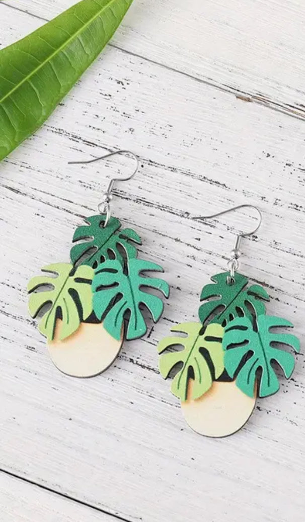 Monstera Plant, Drop Earrings Wooden Potted Plant Design Match Daily Outfits Party Accessories Gift For Family/ Friends