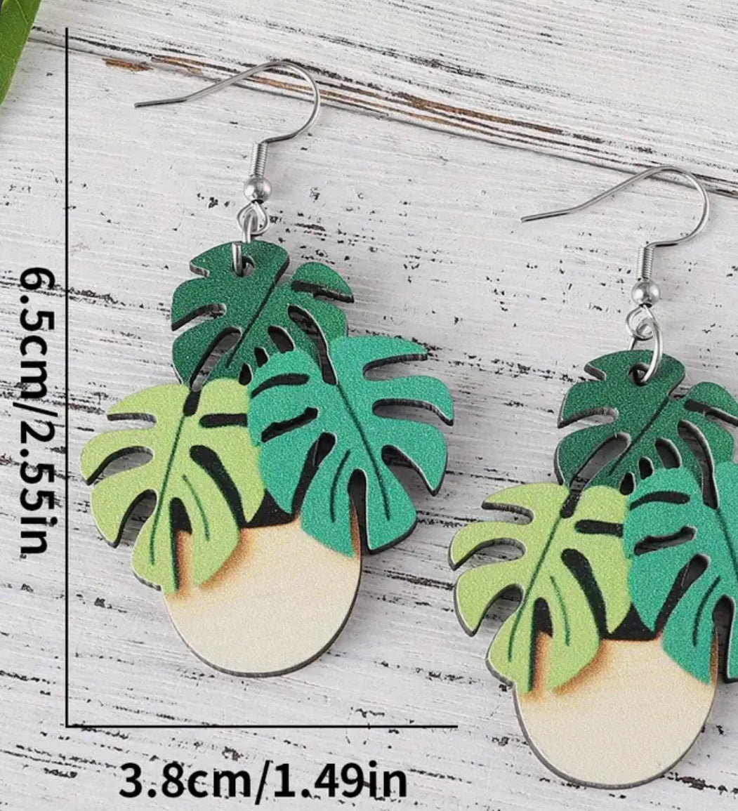 Monstera Plant, Drop Earrings Wooden Potted Plant Design Match Daily Outfits Party Accessories Gift For Family/ Friends