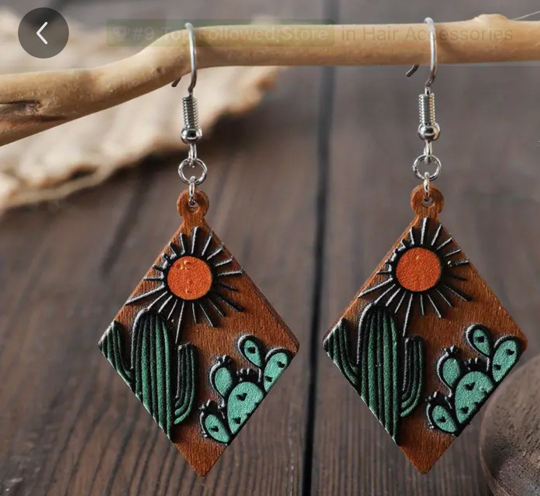 Teardrop Shape Dangle Earrings with Cactus Sun Pattern | Cute Western Style Wooden Jewelry for Plant Enthusiasts – Exquisite Female Gift
