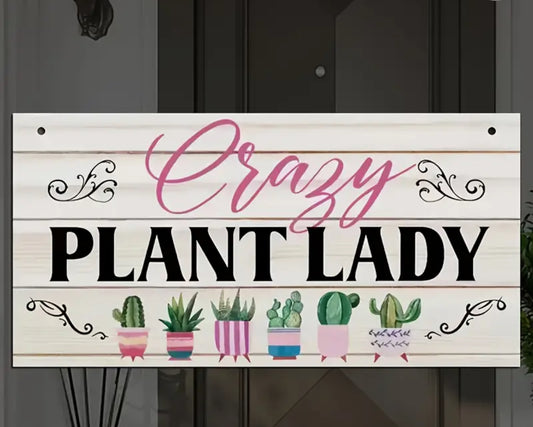 Rustic Wood Sign with "Crazy Plant Lady" Quote, Decorative Hanging Wooden Plaque for Home Garden Decor