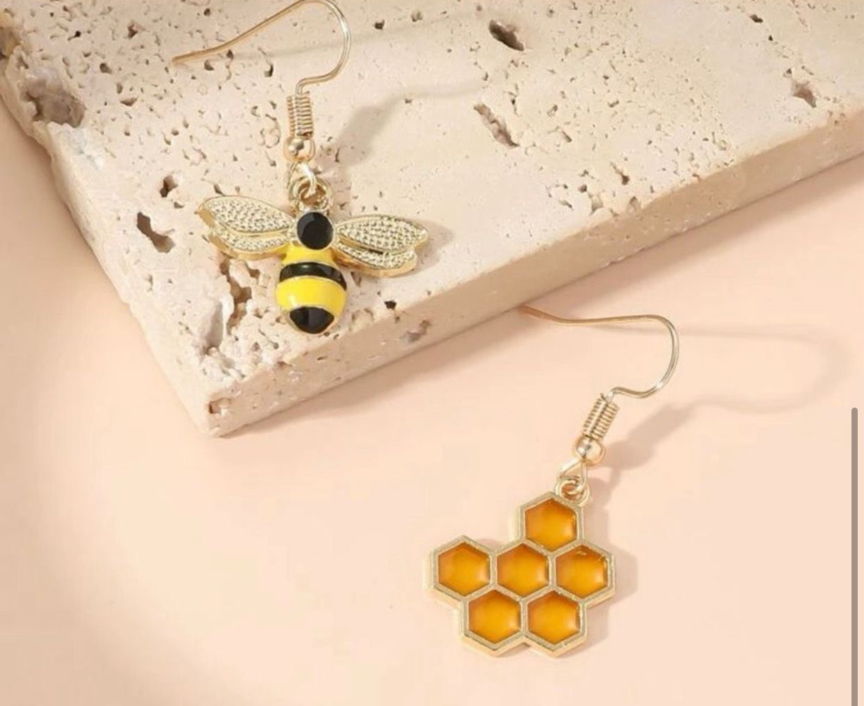 Tribute to Nature's Pollinators Bee & Honeycomb Decor Mismatched Drop Earring