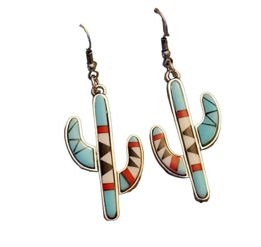 Retro Western Style Turquoise Aztec Cactus Design Dangle Earrings Zinc Alloy SilVer