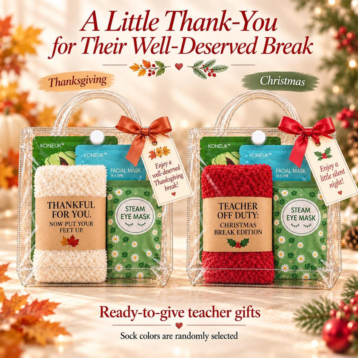 Teacher Holiday Gift Set, Fuzzy Socks and Face Masks, Thanksgiving or Christmas Break Self Care Gift, Teacher Appreciation