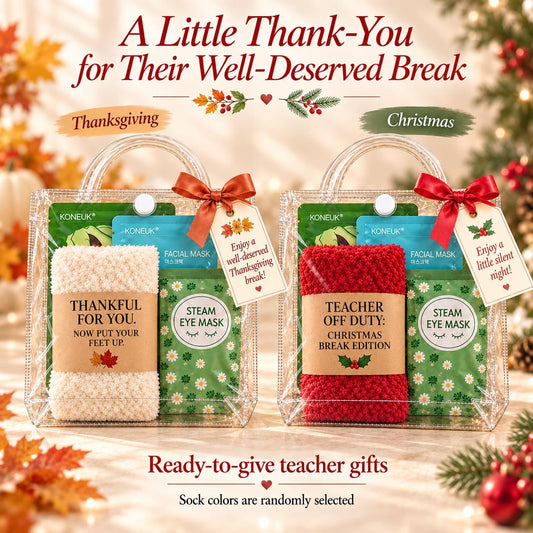 Teacher Holiday Gift Set, Fuzzy Socks and Face Masks, Thanksgiving or Christmas Break Self Care Gift, Teacher Appreciation